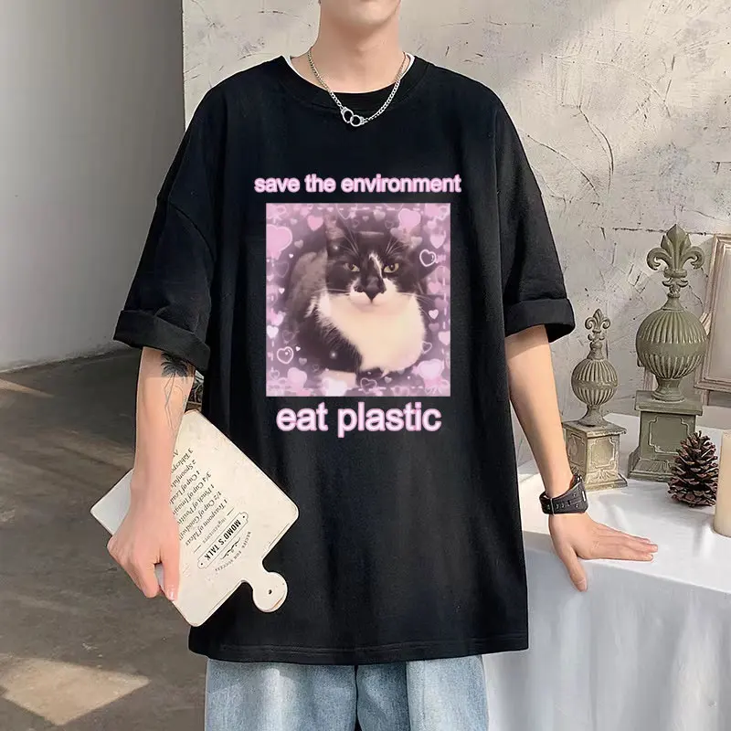 

Funny Save The Environment Eat Plastic Cat Meme T-shirts Men Women's Weird Cat Lover Oversized Tshirt Unisex Cozy Cotton Tees