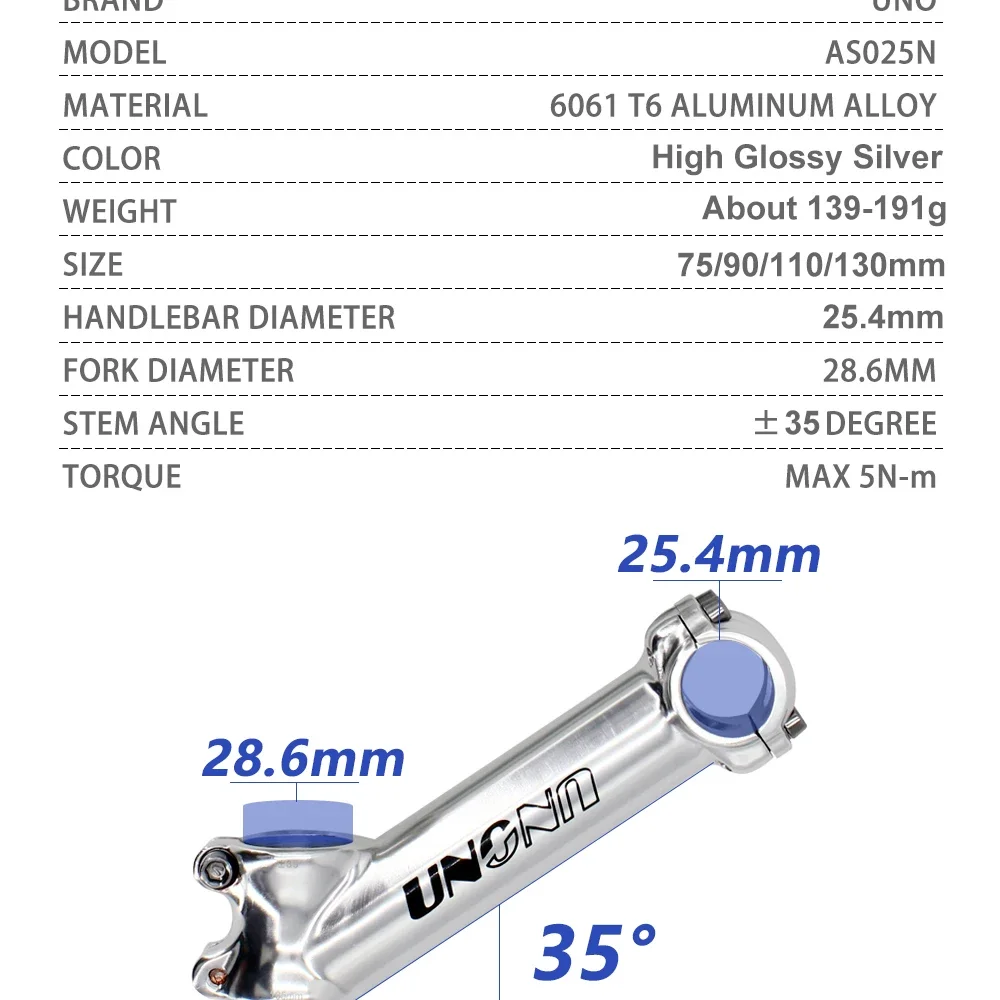 UNO Bike Stem 35 degree Bicycle Handlebar Stem UNO Mtb Stem Roed Bike Stem Silver 25.4 75/90/110/130mm Bicycle Accessories