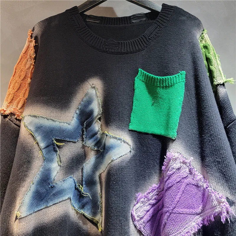 Cool Personality Street Sweater for Women Age-Reducing Patchwork Stitching Contrast Color Pullovers 2024 Autumn New Loose Top