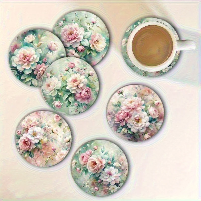 Elegant Floral Wooden Coasters 2D Set of 6 Spring Fresh Home Office Decor Coffee Shop Desk Protectors Heat Insulation Anti-Slip