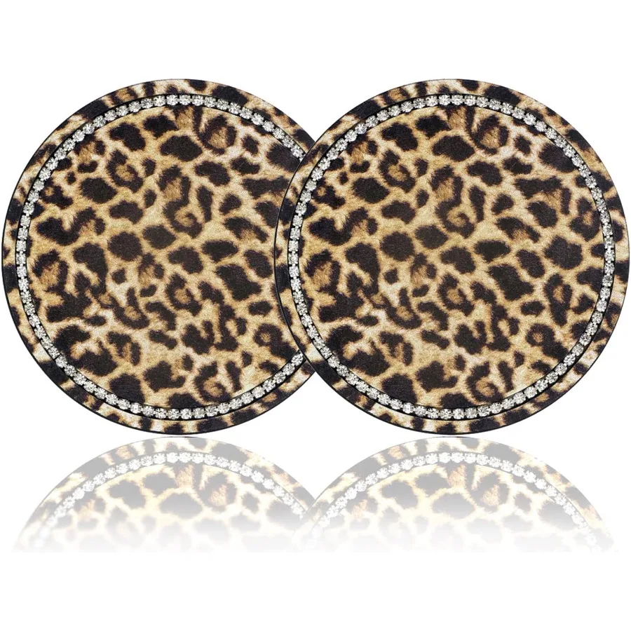 

Leopard Print Bling Rhinestone Anti Slip Coasters - 2.75" Insert Suitable for Most Cars - 2PCS