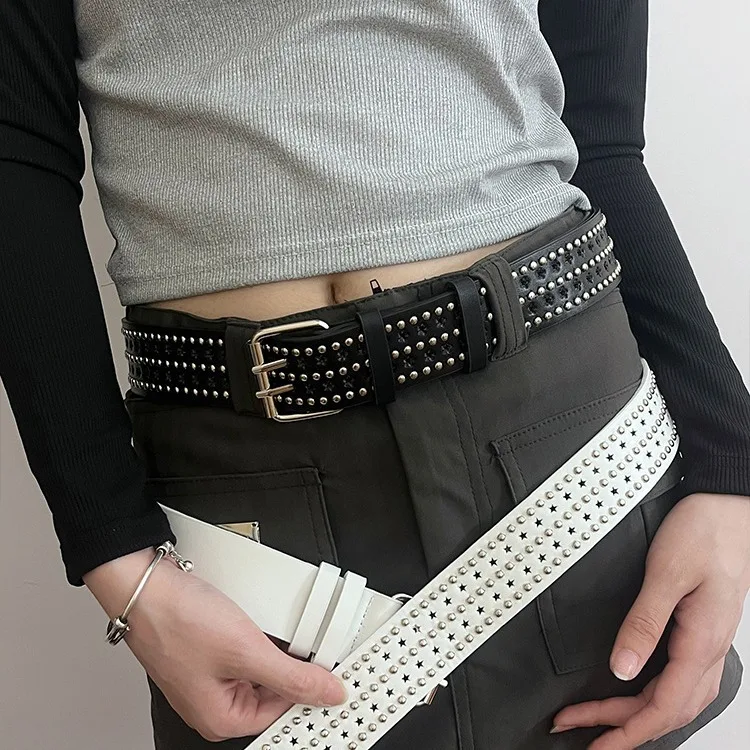 Punk Style Studded Stars Multi Holes Personalized Belt Trendy Hundred Pin Buckle Belt