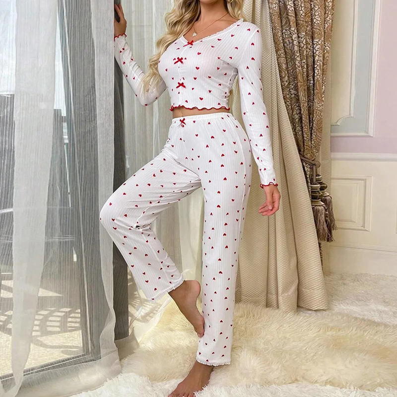 Autumn Women\'s Pullover Pajama Set Sexy Lace V-neck Bow Sleepwear Heart Print Long Sleeves &Trousers Nightwear Loungewear Outfit