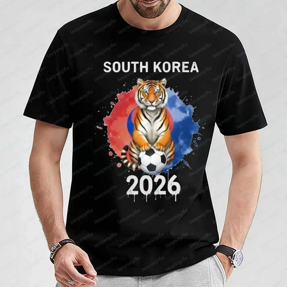 Unisex South Korea 2026 Soccer Graphic T Shirt Tiger Print Short Sleeve Cotton Casual for Sports Fans Regular Fit Men Clothing
