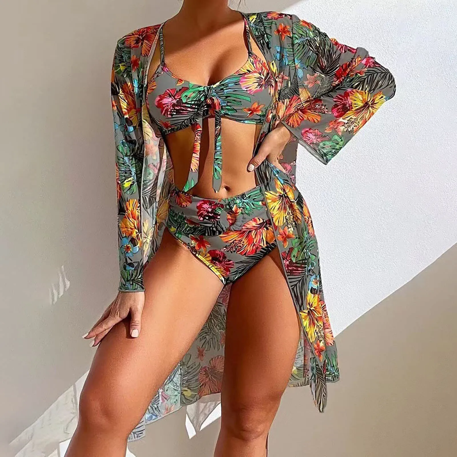 Bikini Bathing Suit with Cover Up Sexy Floral Printed Push Up Bikini Swimsuit for Beach Swimming Pool