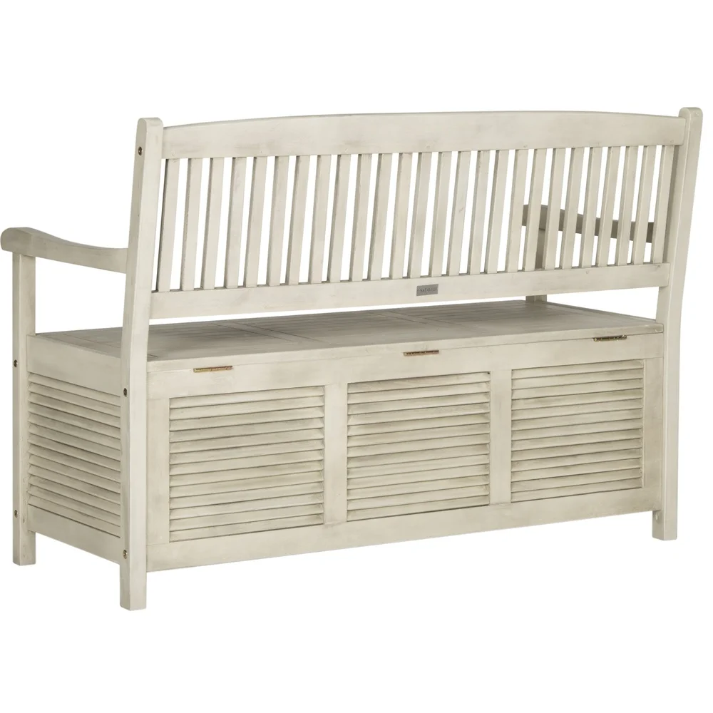 Modern Outdoor Storage Bench Acacia Wood Durable Seating Two Easy Care Stylish Design Ideal Pool Gear Cushions