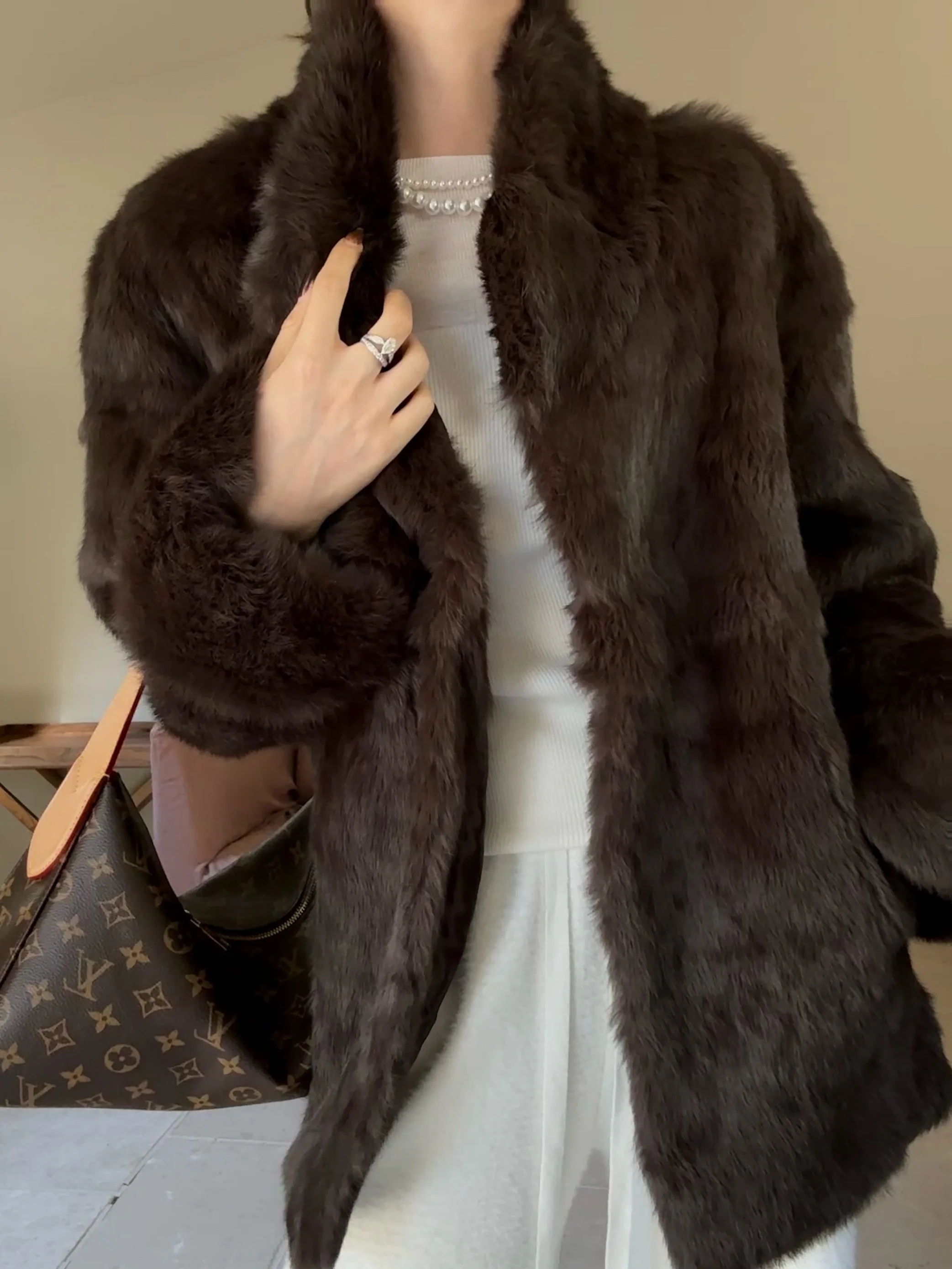 

Chier Mid-Length Real Rabbit Fur Coat Loose Fit Outerwear Warm And Sli for ly Women in Winter