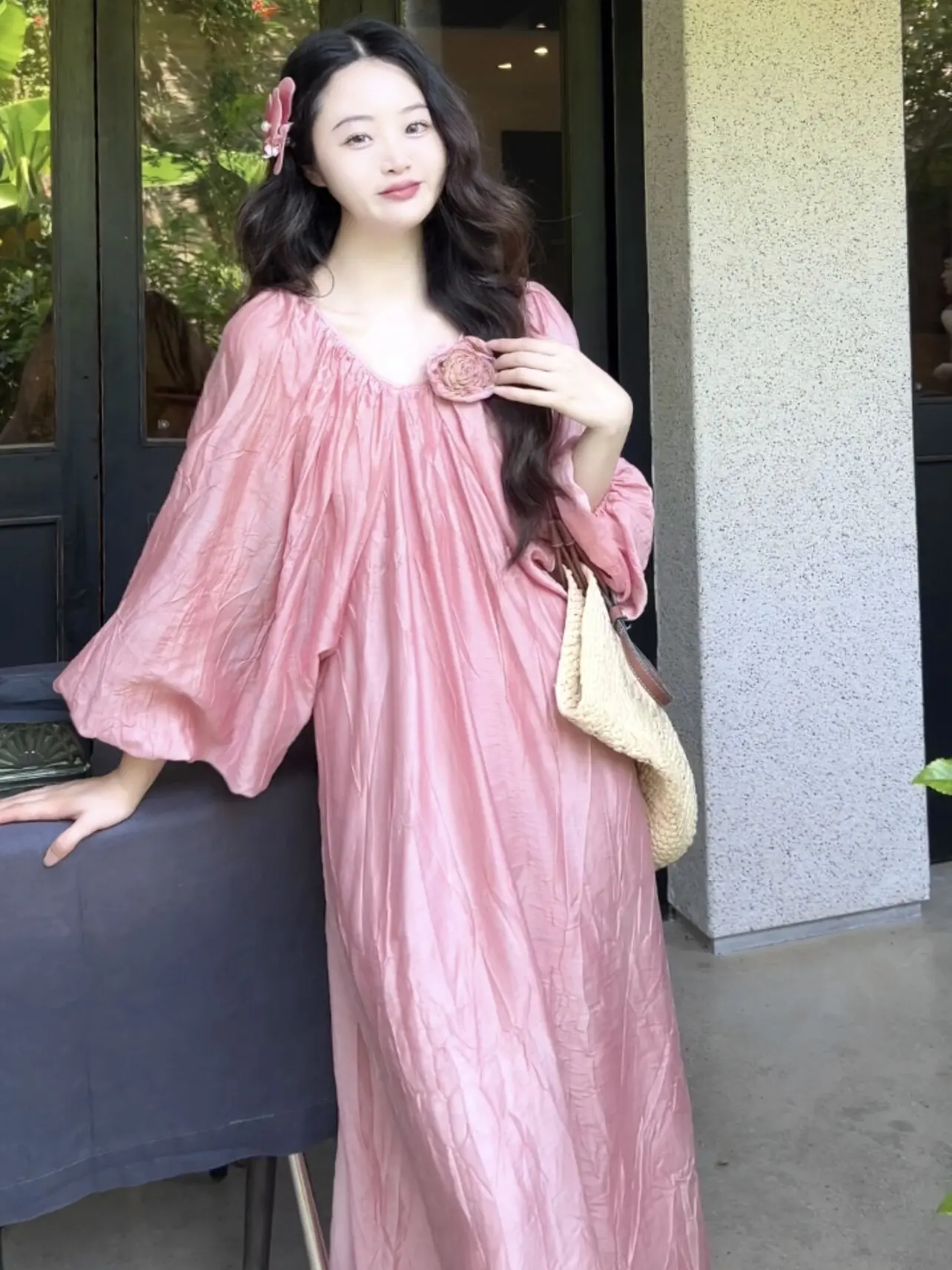 TIYIHAILEY, vestido de verano con cuello en V para mujer, manga acampanada, largo hasta media pantorrilla, rosa, Lyocell de ramio, rosa suelto, nueva primavera 2026, S-L