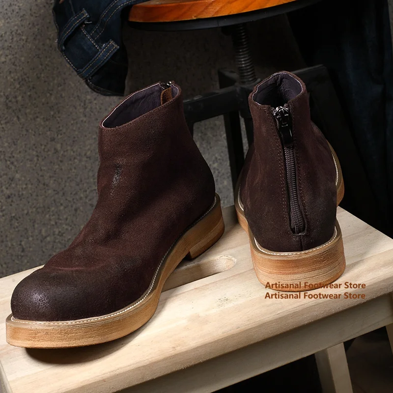 

Vintage Brown Suede Ankle Boots Thick Soled High Top Back Zipper Casual Shoes Retro Big Toe Short Boots Trendy Men's Shoes