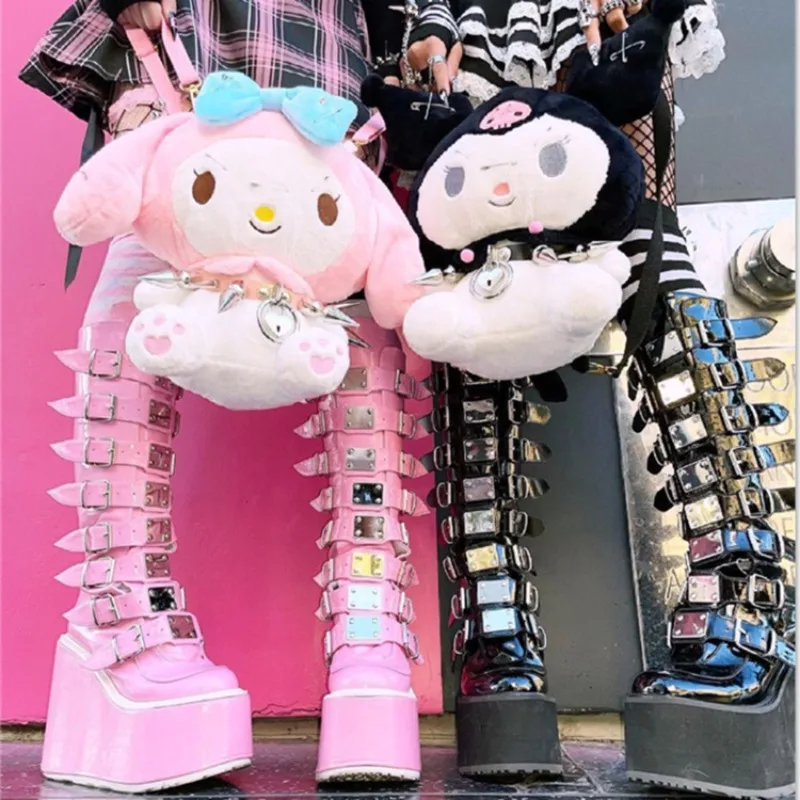 

Women Boots Gothic Platform Knee High Punk Boots Cosplay Shoes for Women Multi-row Belt Buckle Long Tube PU Leather Knight Boots