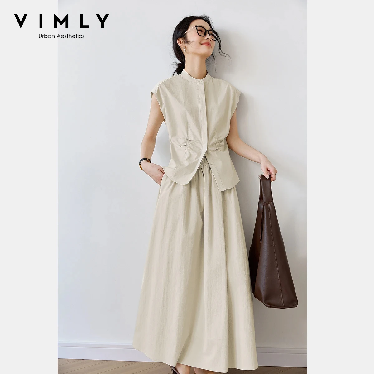 Conjunto de Falda Casual Minimalista para Mujer VIMLY, Verano 2026, Top sin Mangas con Cuello Redondo, Falda Maxi con Cintura Elástica, Conjunto de 2 Piezas M9593