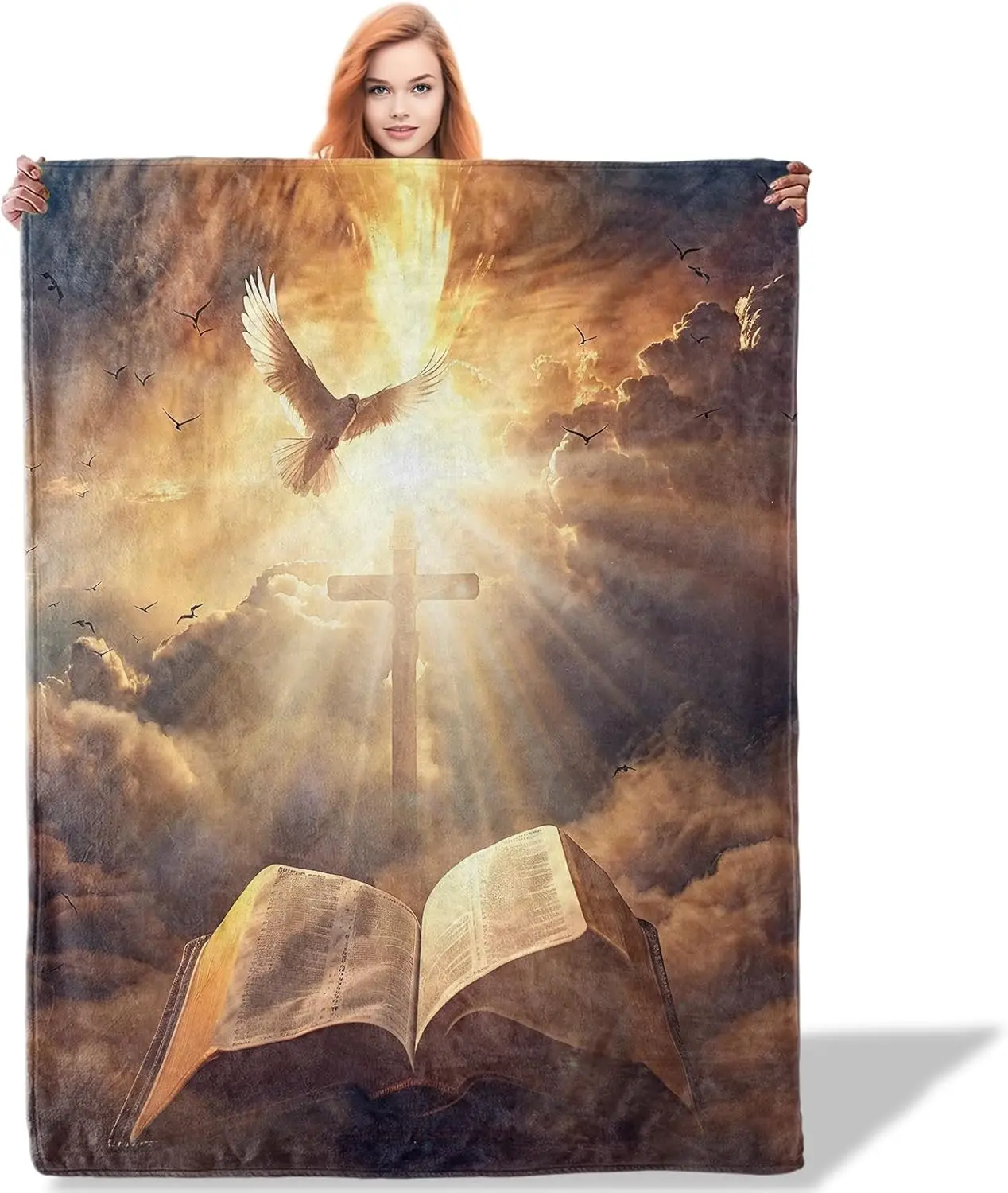 Christian Faith Cross Dove Bible Open Book Spiritual Tapestry Blanket Throw for Religious Home Decor Gifts Unique Christmas Deco