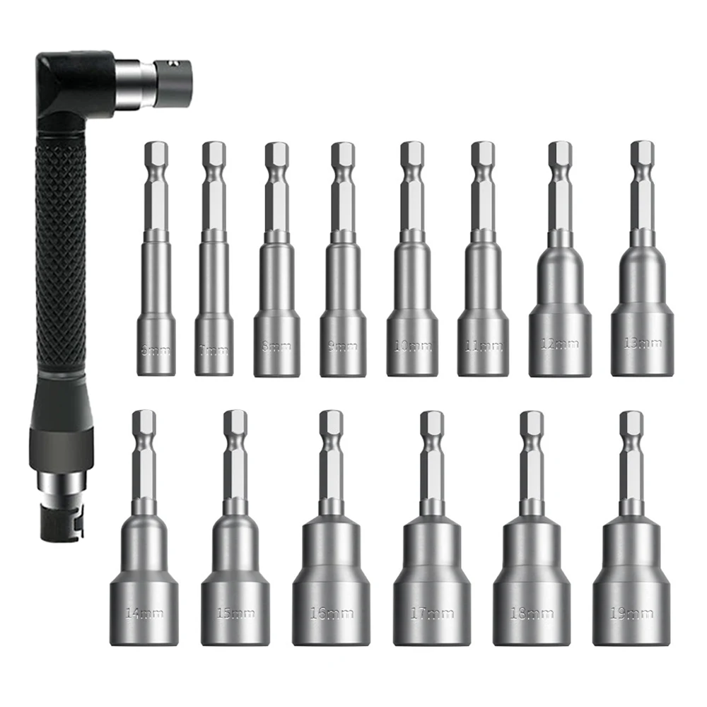 

Набор торцевых ключей с шестигранным хвостовиком 1/4 дюйма, 15 шт., метрические биты 6-19 мм, 90° ° Угловой адаптер для электрической дрели