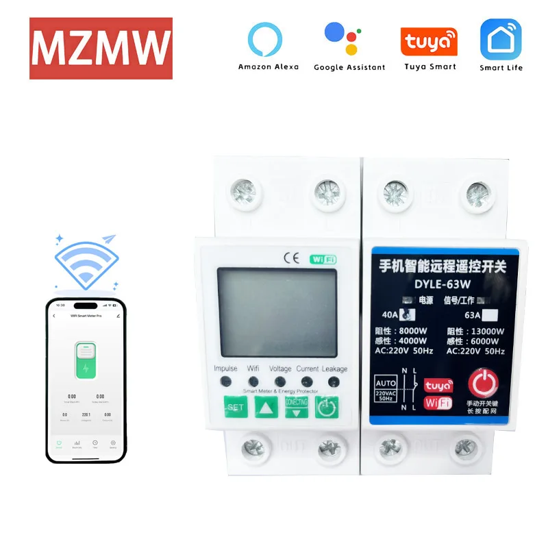 Adjustable Switch Breaker Tuya WiFi Smart Power KWh Energy Meter Metering Timer  Relay Device 2P 63A  MCB VA Protector 230V