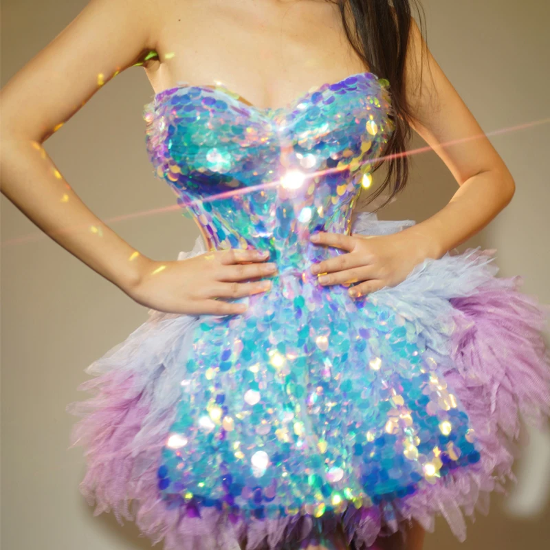 Glänzende Pailletten Spitze Party Kleid Sexy Gogo Kostüm Frauen Drag Queen Dance Outfit Nachtclub DJ Festival Abendkleider XS9110