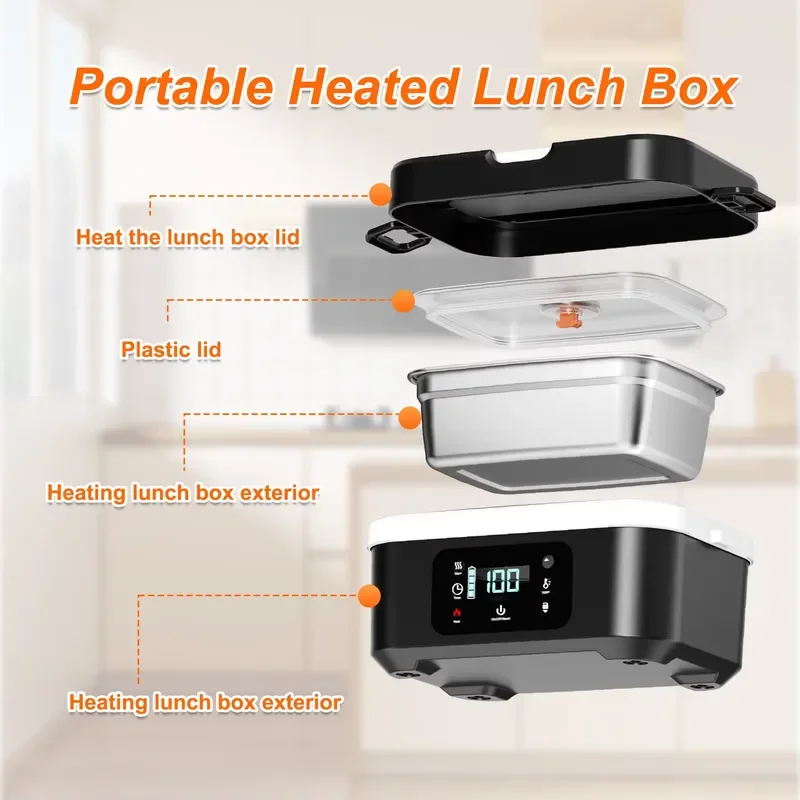 Food Grade 304 Stainless Steel 1.35L Digital LED Display Battery Powered Buckle Portable Lunch Box Custom Logo