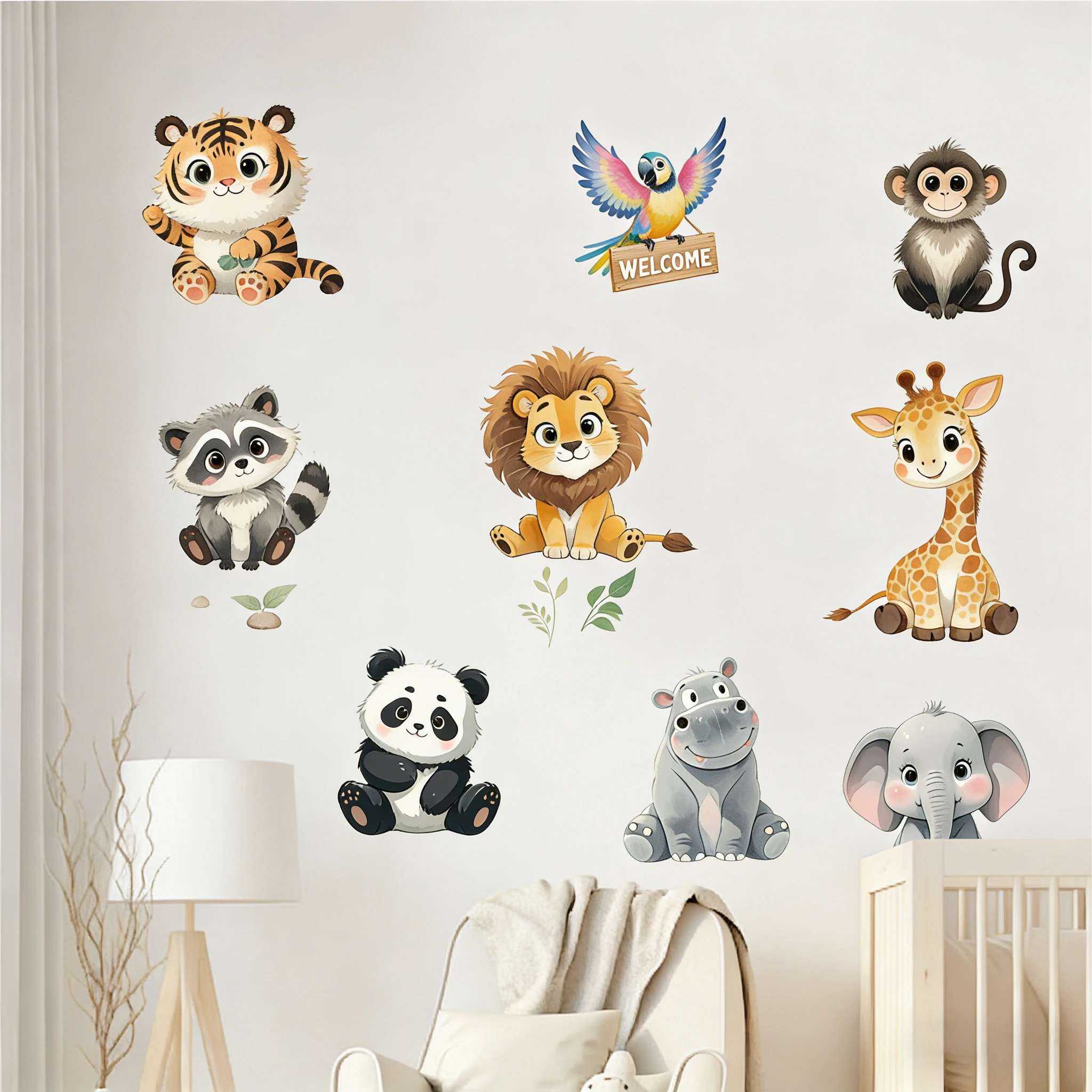 Adorable Cartoon Animal Green Plant Wall Stickers for Kids Room Nursery Living Room Self-Adhesive Background Wall Decor