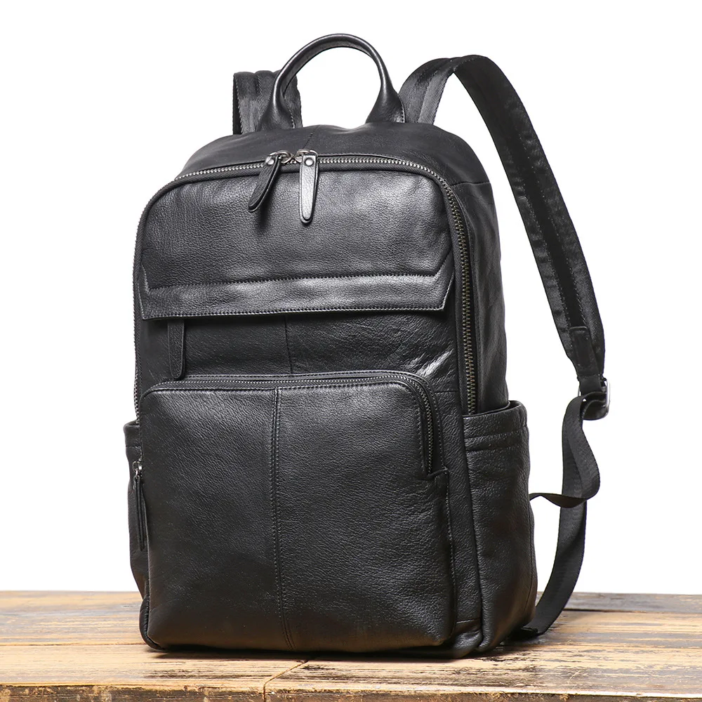 High Quality Luxury Black Leather Backpack For Men Women Large Capacity 15.6 Laptop Bagpack Student Schoolbag Travel Rucksack