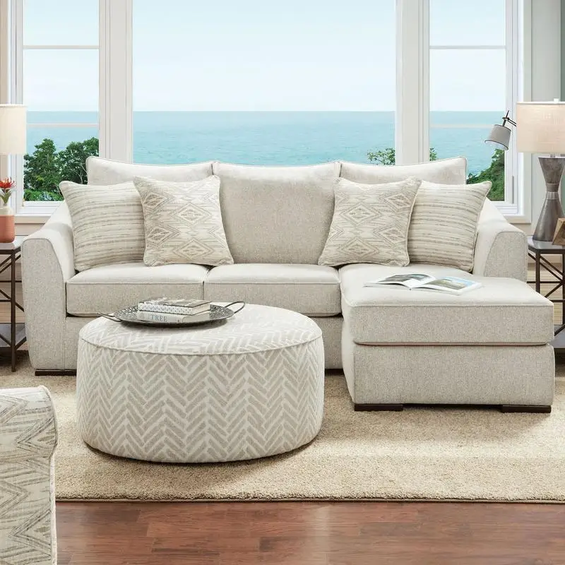 Transitional Style Round Upholstered Ottoman with Welt Trim, Solid Wood Frame, Multiple Finishes Available