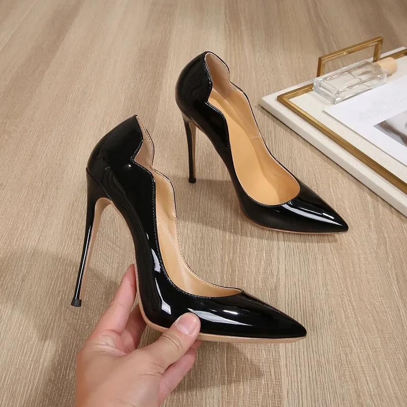 12cm Heels Women Patent Leather High Thin Heel Shoes Office Nightclub Pointed Toe V-mouth Single Shoes Wedding Party Women Pumps