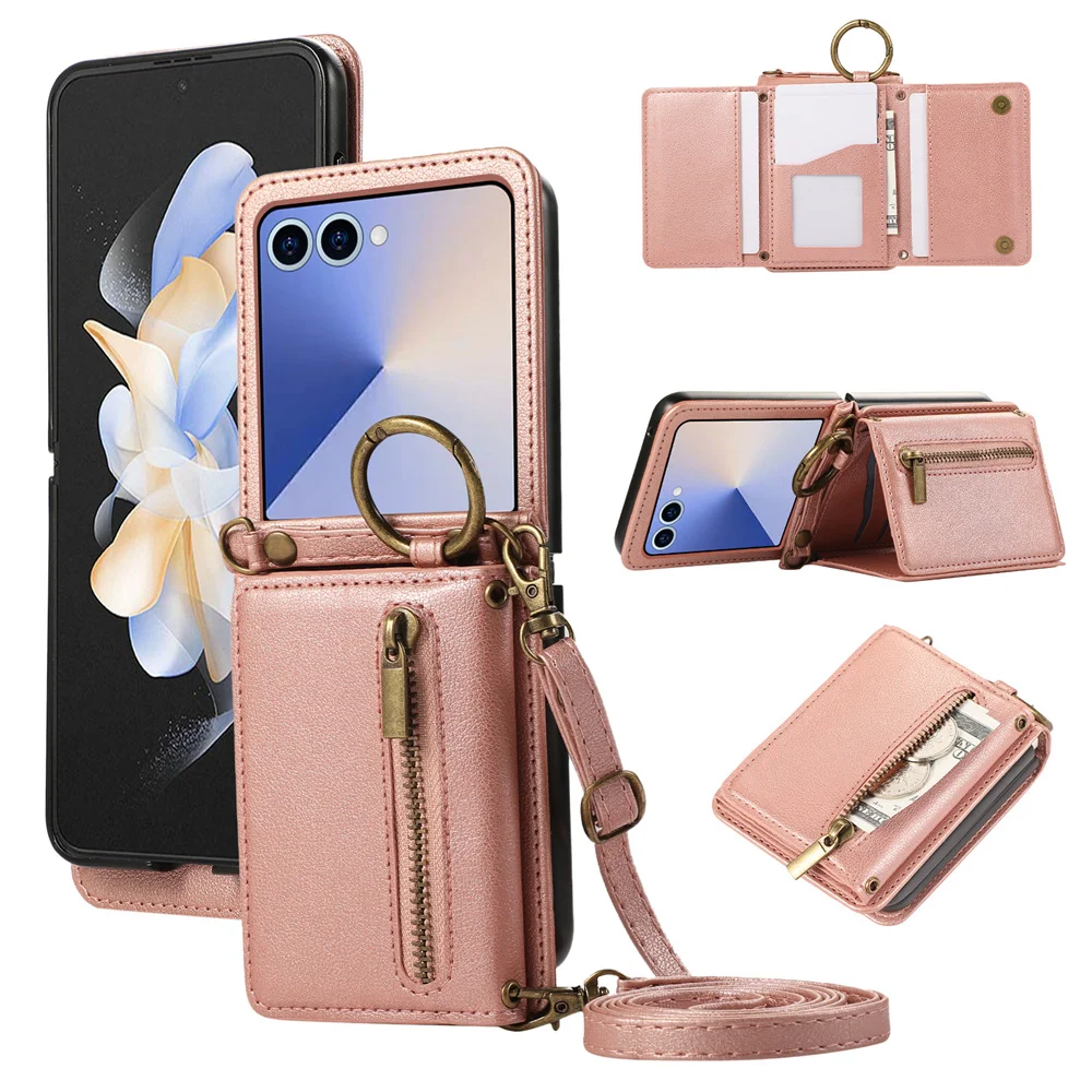 

Кожаный чехол для телефона с кольцом на молнии для Samsung Galaxy Z Flip 6 5 4 3 Flip7 FE Flip6 Flip5 Flip4 5G Cover