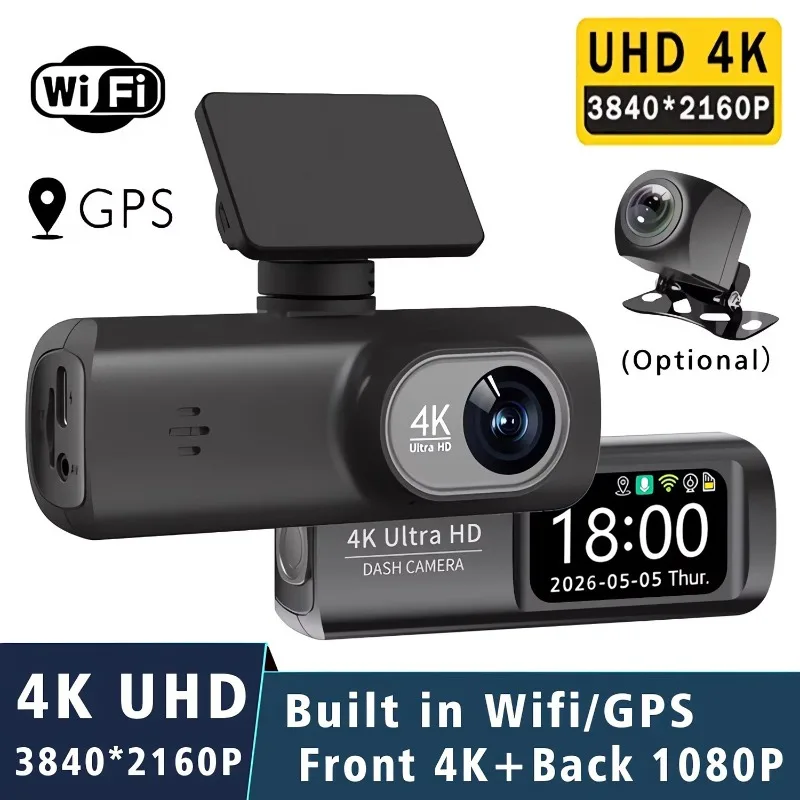 4K Driving Recorder High Definition Front  Rear WiFi MobilePhone Interconnection V22D Double Recording + GPS + Time-lapse Video