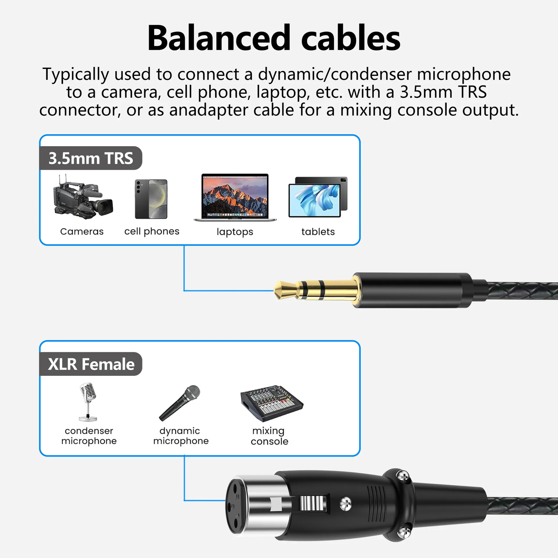 3.5mm Stereo Male to XLR Female Cable Female XLR to 3.5 Mini Stereo Jack Aux Microphone Mic Cord for Cell Phone Laptop Speaker