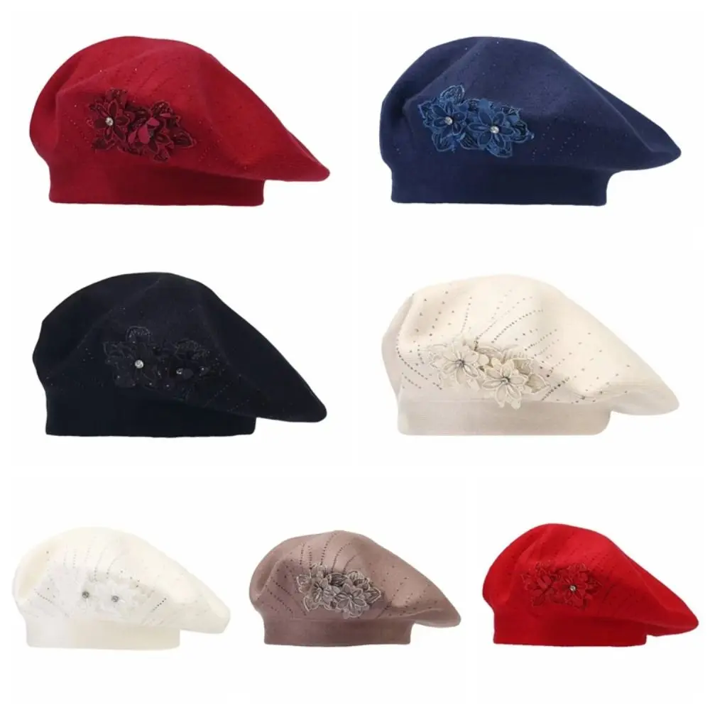 Vintage Solid Color Flower Wool Beret Rhinestone Knitted French Style Painter Cap Soft Warm Beret Hat Women 5