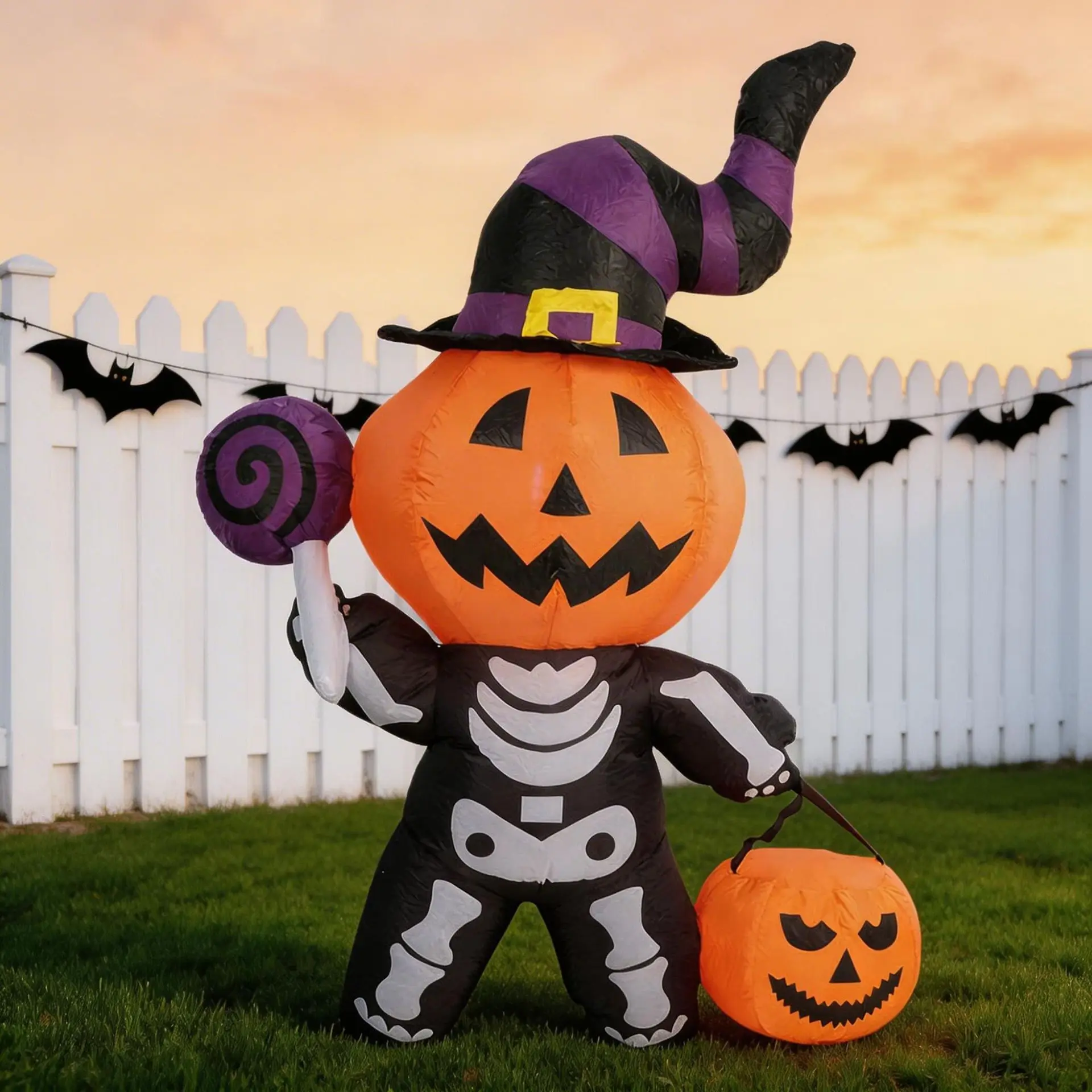 5.5ft Classic Outdoor Halloween Decorations with LED Lights and Silk Screen Printed Scary Pumpkin Skeleton Ghost