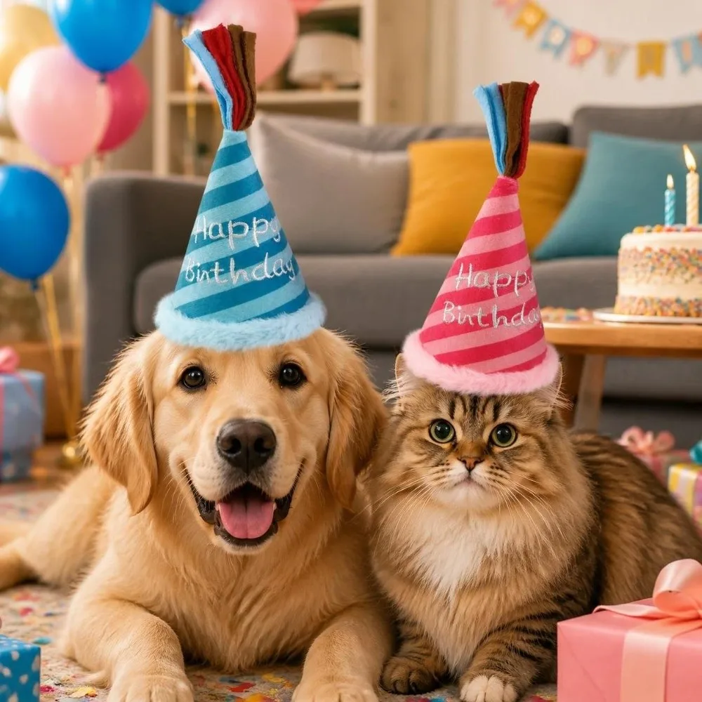 Adjustable Pet Birthday Hat Reusable Thickened Striped Celebration Hat Plush Lightweight Cone Birthday Hats Pet Birthday Party