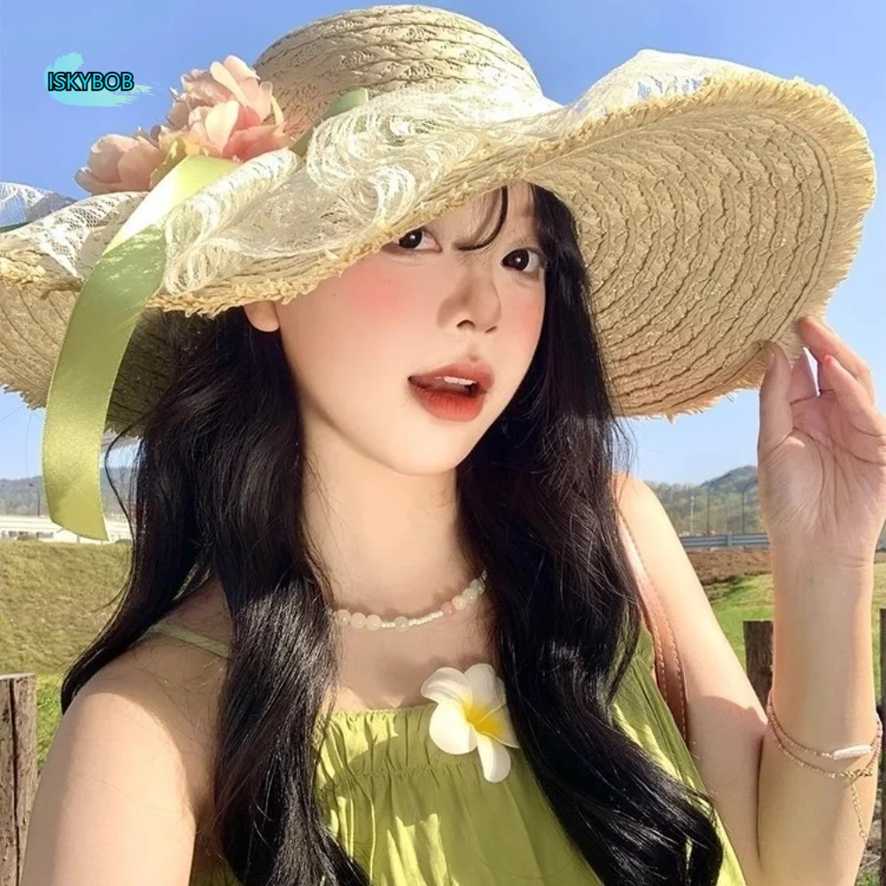 

Elegant Flower Lafite Straw Hat Big Brimmed Sun Protection Vacation Beach Cap Lace with Garland Woven Sun Cap Masquerade