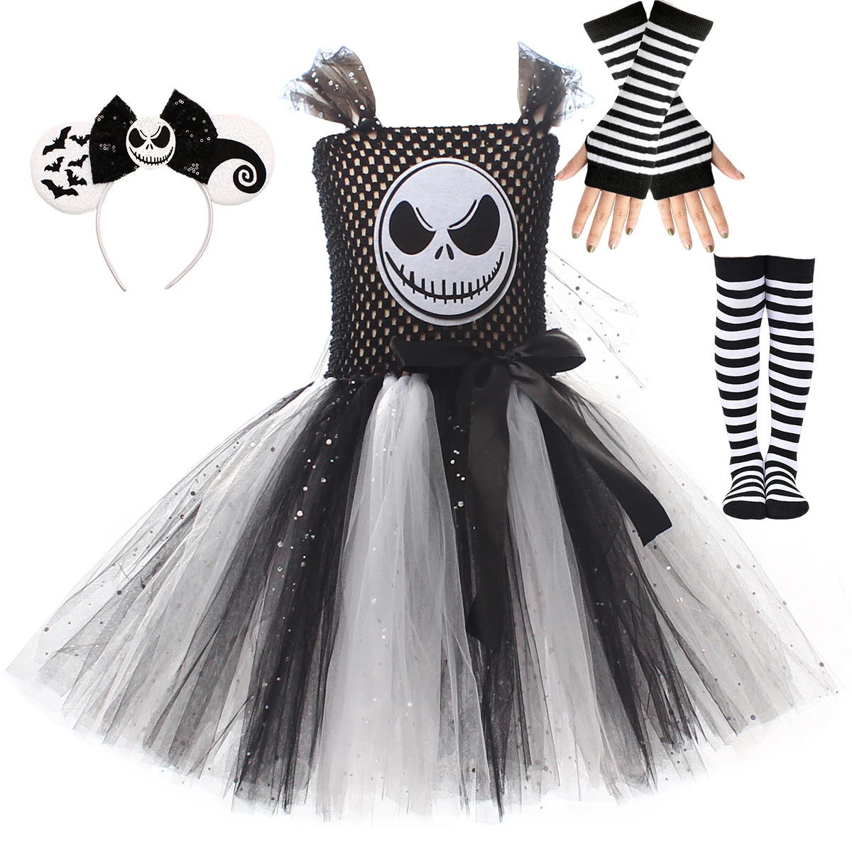 Nightmare Before Christmas Jack Kostüm Mädchen Halloween Skelett-Tutu-Kleid Kinder Cosplay Schwarz-Weiß Geister-Grusel-Outfits – Detail 9