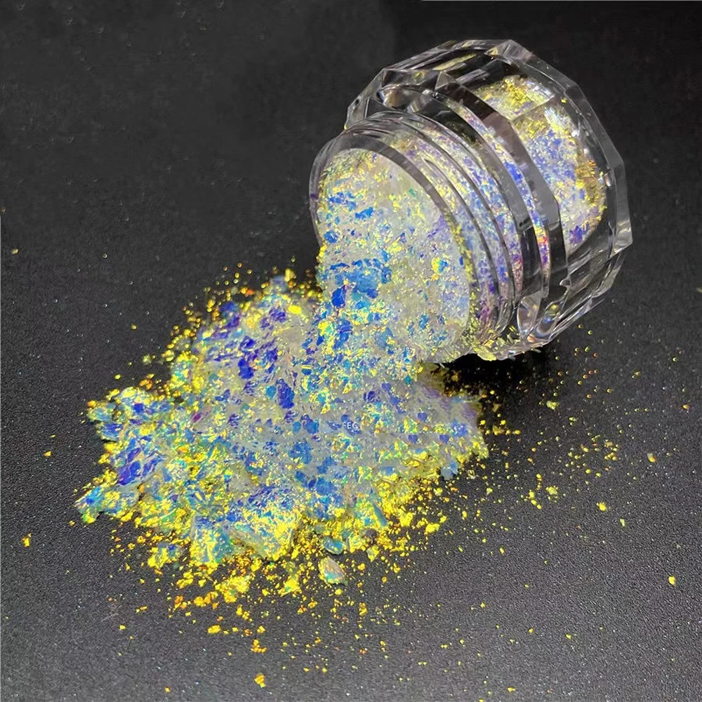 1Jar Magic Mirror Opal Flakes Nail Powder Holographic Aurora Glitter Sequin Mermaid Chameleon Flakes High Gloss Nail Chrome Dust