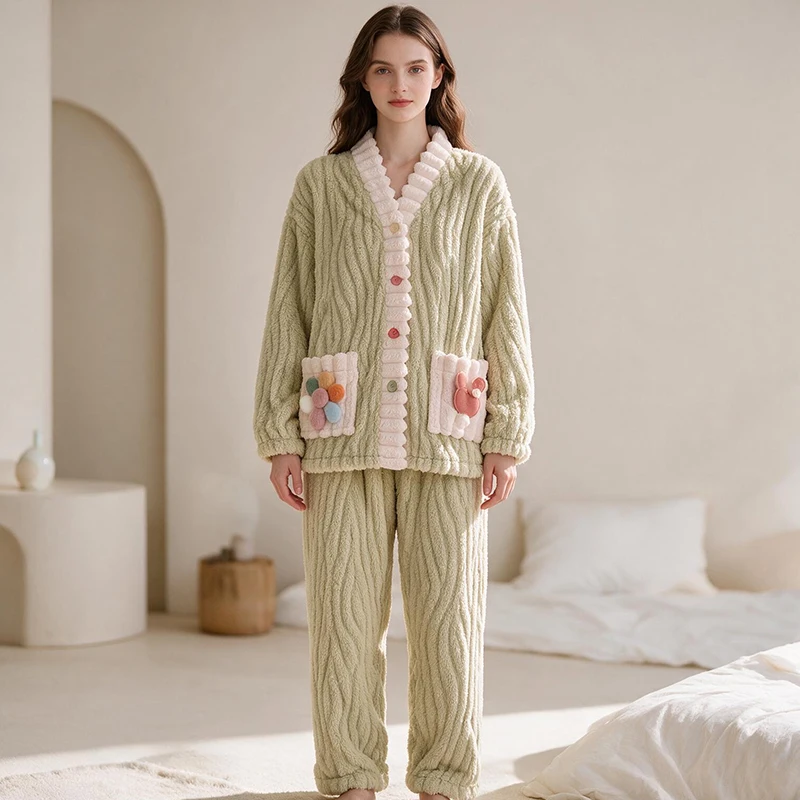 Thickened Warm Coral Fleece Women Sleepwear Loungewear Cardigan Suit Winter Sweet Kawaii Soft Fairy Wind Ladies Pajamas Homewear