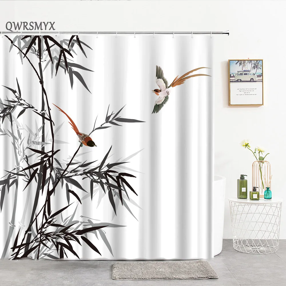 

Ink Painting Bamboo Leaves Bird Shower Curtains Set Mountain Water Plant Landscape Waterproof Bathroom Curtain Retro Home Decor