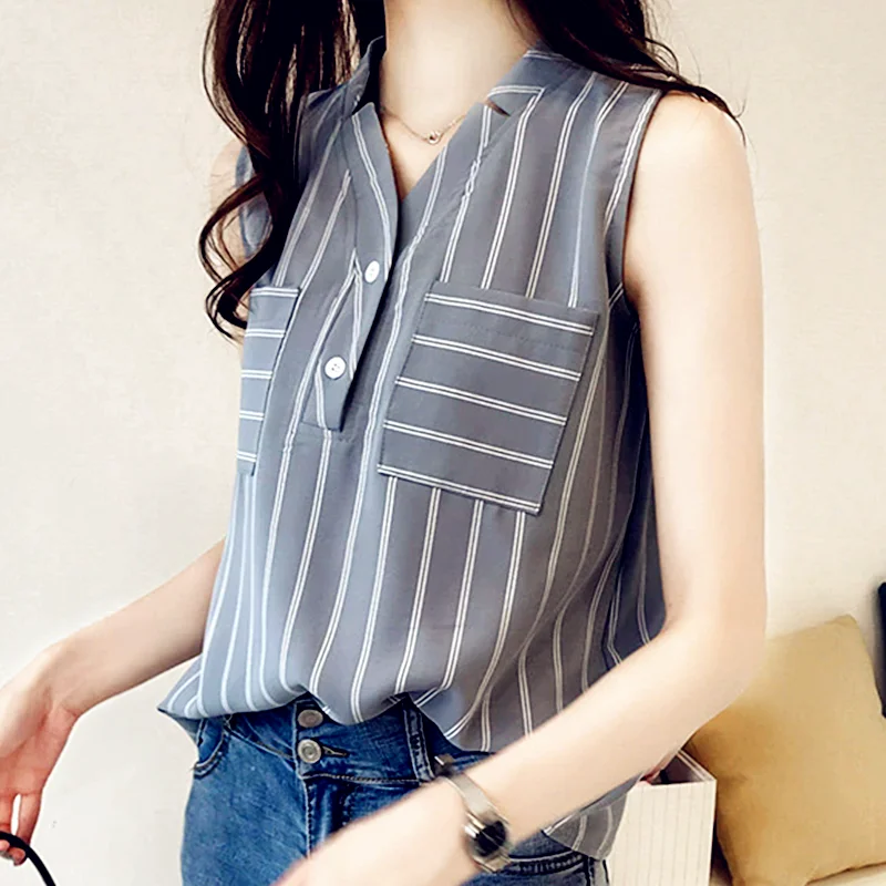 Women Summer Tops Tees Sexy Vintage Blouse Chiffon Vest Tank Sleevless Pocket Strip Shirt Ruffles T Shirts Loose Casual Tees