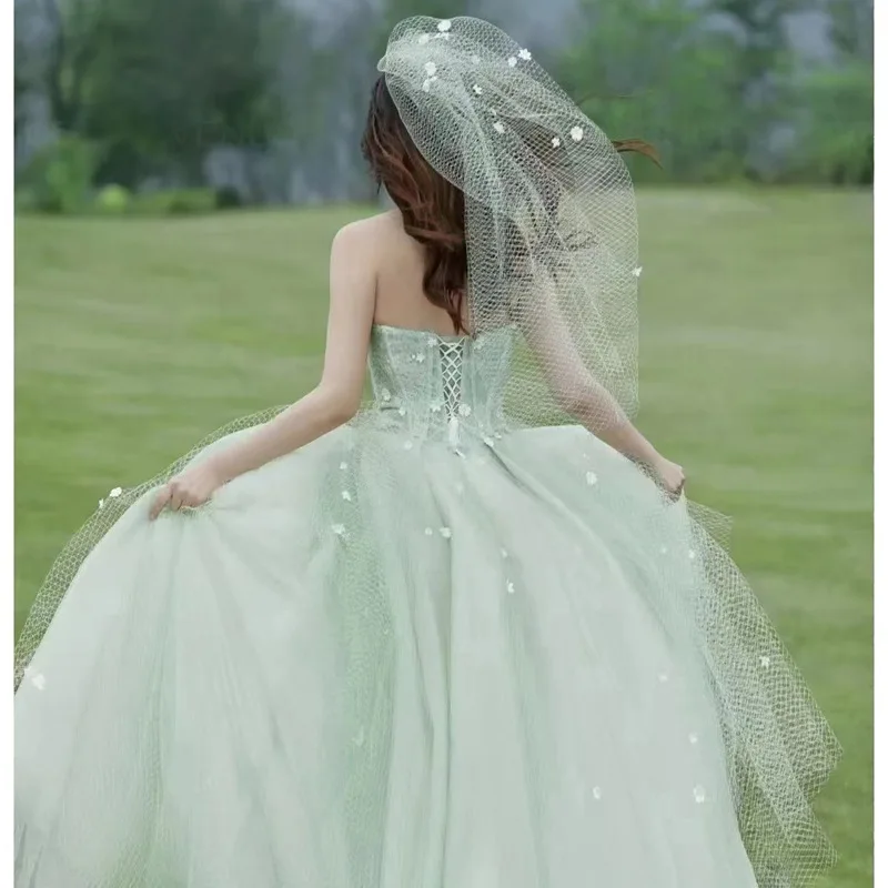 Robe de Mariée Verte Personnalisée avec Appliques en Tulle, Vêtement Formel avec Traîne pour Patients, Quelle que soit la Cour