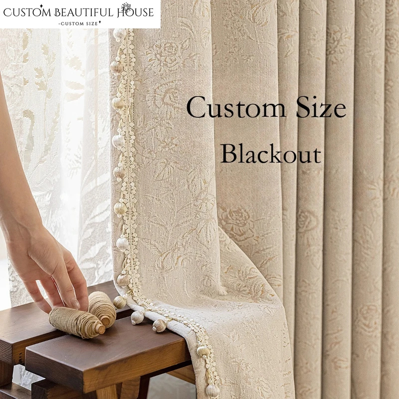 French Chenille Full Blackout Cream Style Jacquard Modern Luxury Curtains for Living Dining Room Bedroom Decor Custom Size