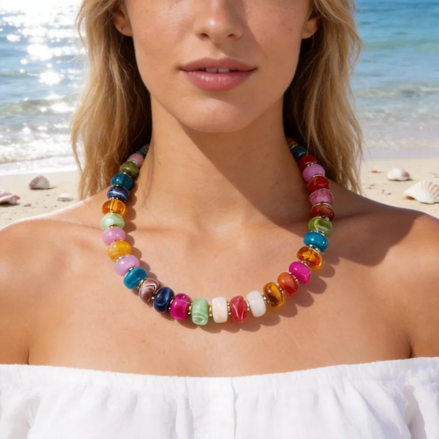 

Cross-border explosion pearl acrylic color beaded necklace summer dopamine wind key chain beach rainbow necklace