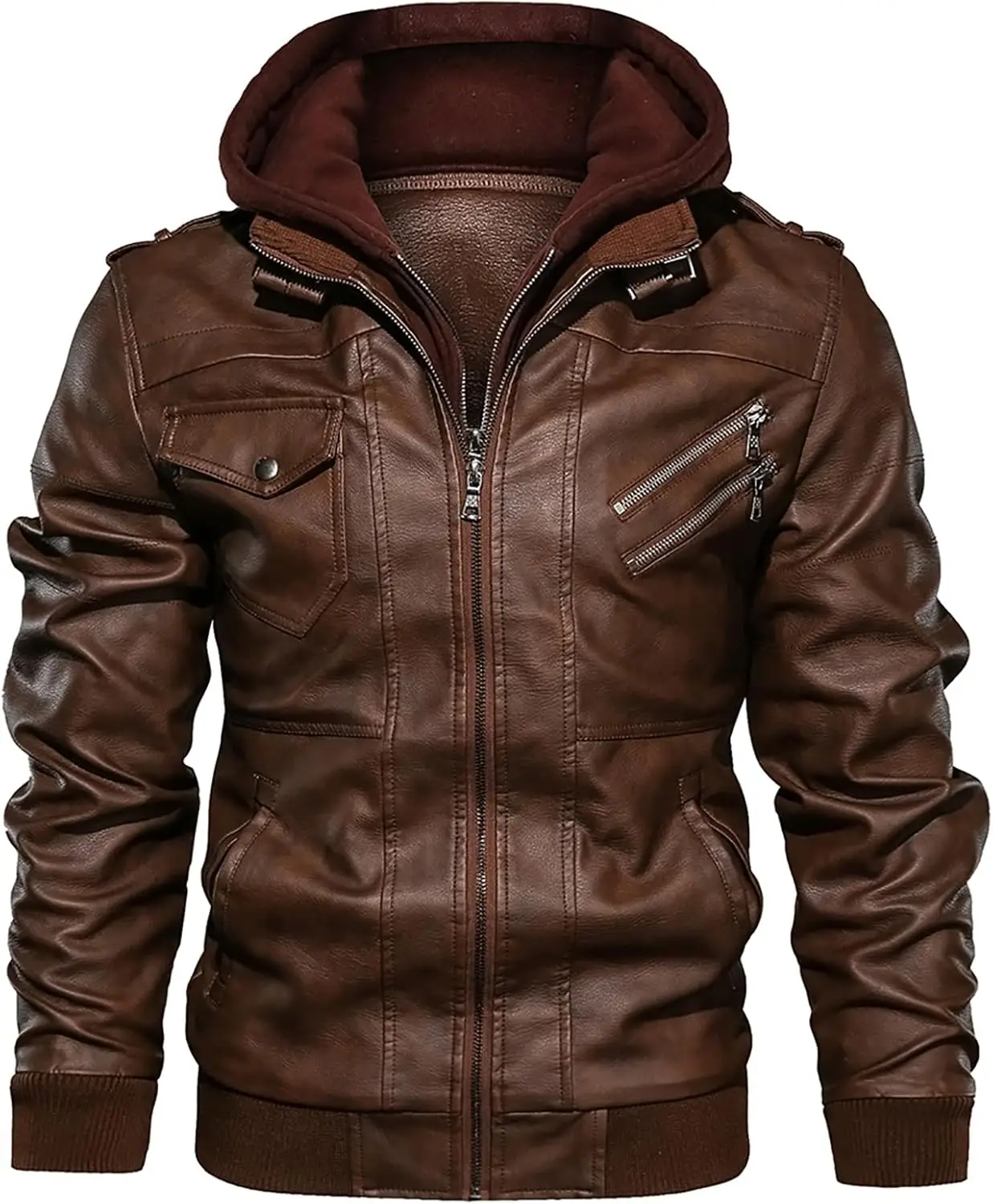 

Mens Leather Motor Jackets Fake Two Leather Jacket Double Zipper Casual Stand Collar PU Faux Zip-Up Coat Removable Hood For Men