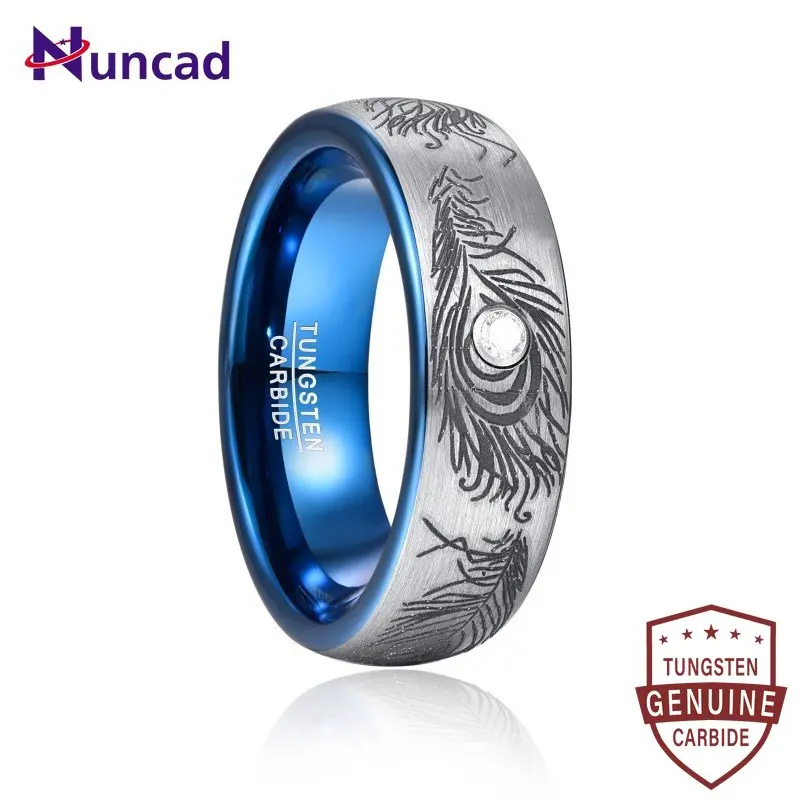 Nuncad 8mm Dome Laser Feather Pattern Set Zircon Tungsten Steel Ring Comfort Fit Wedding Finger Rings Wedding Birthday Gift