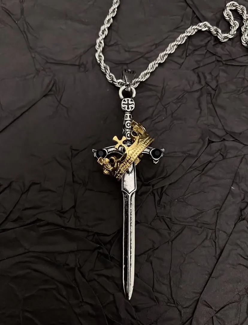 

Crown knight sword necklace men's retro exaggerated creative punk style gothic pendant