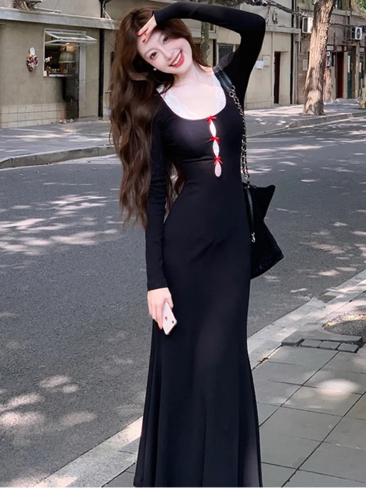 

Vintage Knitted Dress for Women Autumn Hollow Out Long Sleeves Temperament Party Dresses Female Slim Waist Vestidos Long Robe