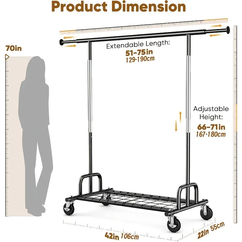 

1pc Single Rod Heavy Duty Garment Rack, 525 LBS Max Load, Silvery Portable Rolling Clothes Rack, Sturdy Metal Clothing Rack