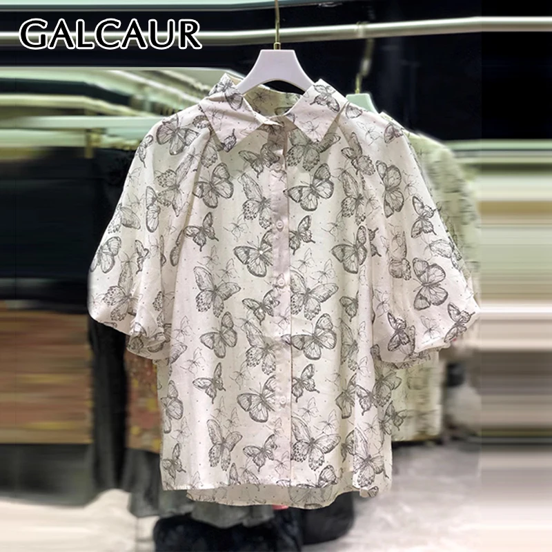

GALCAUR Solid Loose Spliced Printing Blouse for Women Lapel Long Sleeves Patchwork Single Breasted Fashion Top Female Clothing