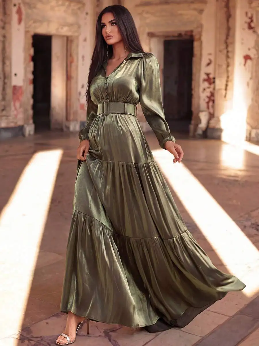 Vestido elegante largo hasta el suelo con mangas farol y volantes en la cintura para invitadas a bodas y fiestas