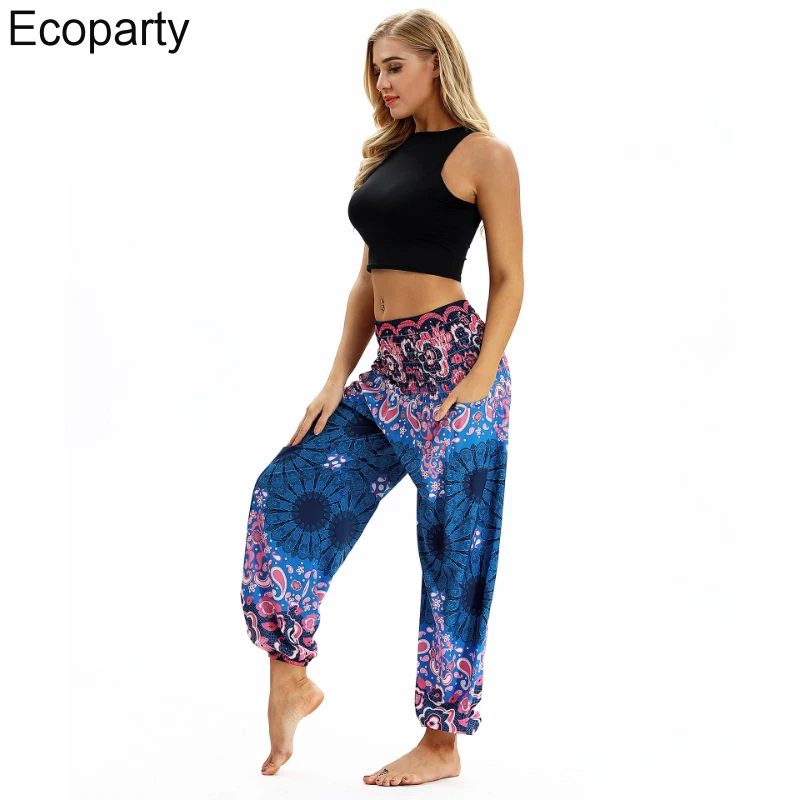 Pantalones de Yoga para mujer, pantalón holgado, cómodo, Multicolor, bohemio, estampado Floral geométrico, pierna ancha