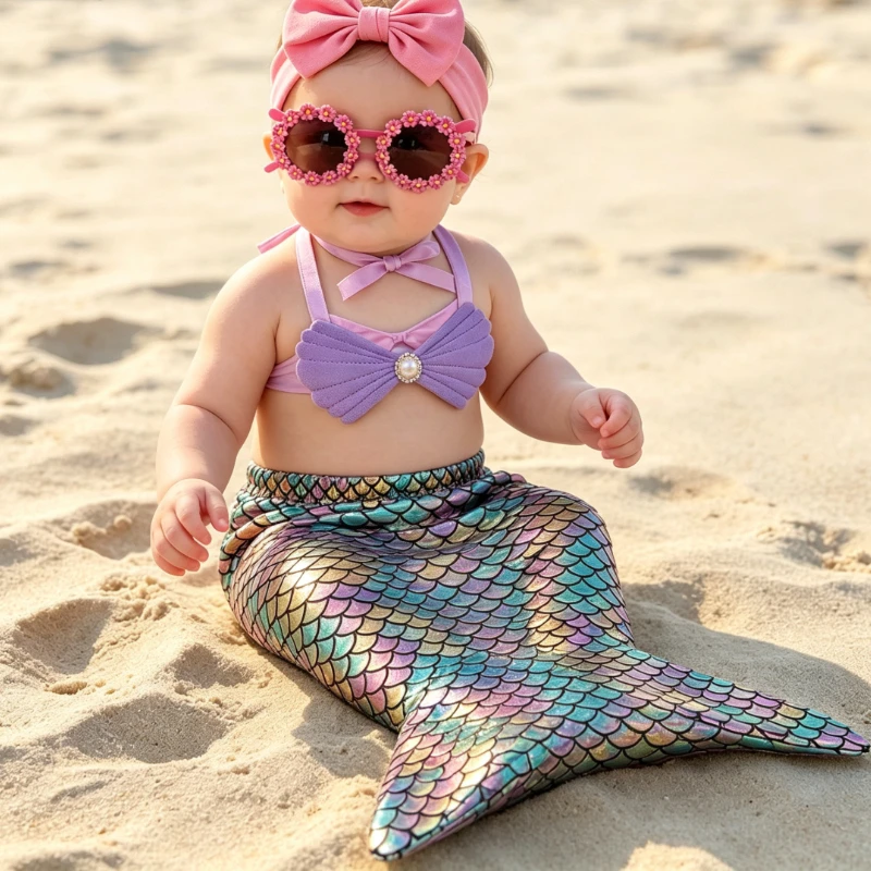 Rainbow Scale Mermaid Costume Kit Iridescent Fish Tail Shell Bow Pearl Headband Floral Sunglasses Pink Bow Headwrap Photo Props