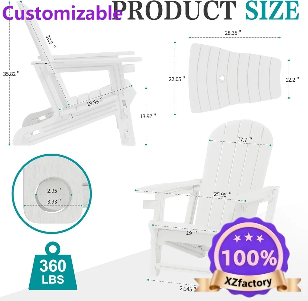 Factory Direct 2026 Outdoor Adirondack Chair Set 2, HDPE Patio Furniture w/ Detachable Table, Cup Holder, White