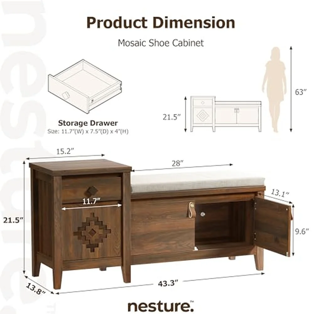 Entryway Bench with Storage 3 in 1 Storage Bench with 1 Drawer and 2 Cubbies 44